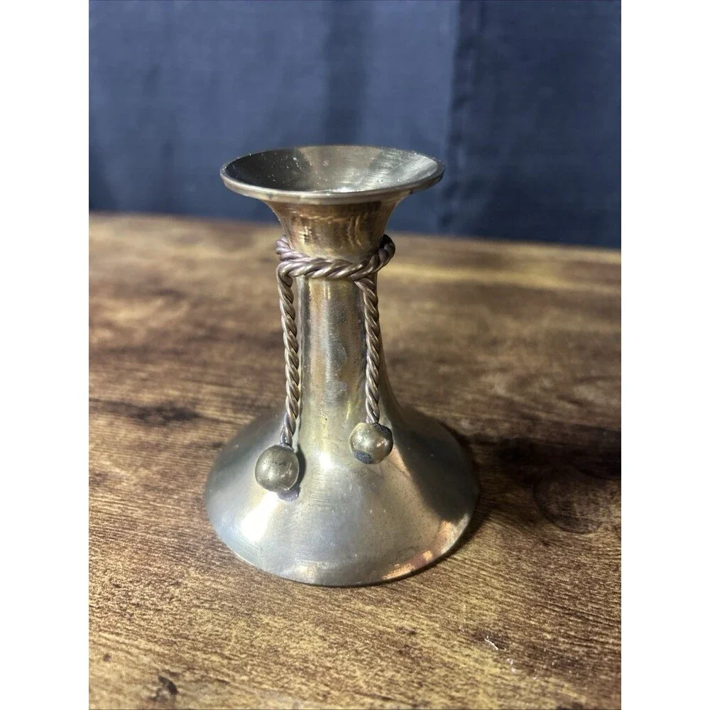 Brass Candlestick Candle Holder Corded Twisted Rope & Ball Detail 3.5” Vtg India